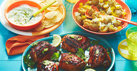 Aqua tabletop with three ways to use condiments - chips and dip, chicken glaze, and potato salad