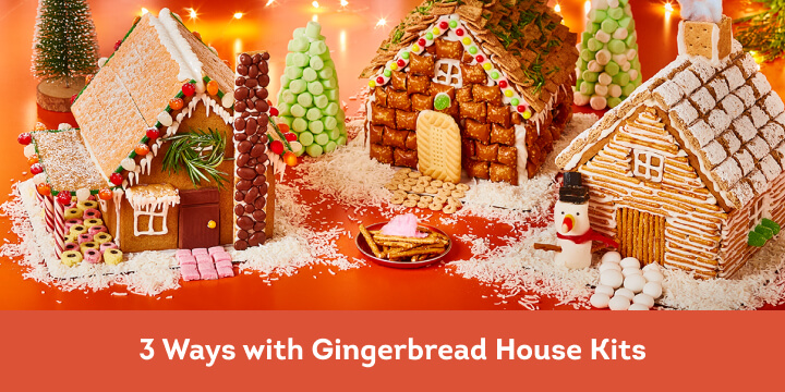 3 gingerbread houses decorated in cottage, modern, and Victorian style.