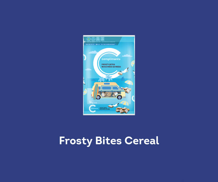 Compliments Frosty Bites cereal in a blue package.