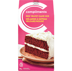 Compliments red velvet cake mix in pink package