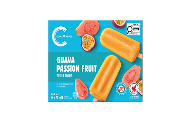 Barre aux fruits goyave et fruit de la passion dans une boîte bleue