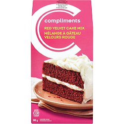 Compliments red velvet cake mix in pink package
